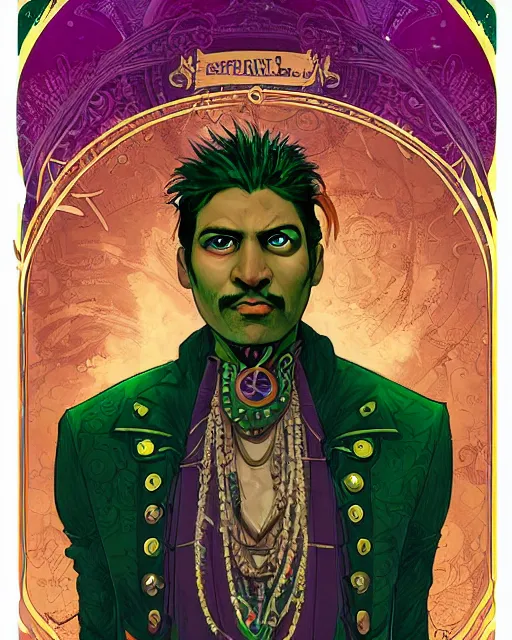 Prompt: a detailed portrait illustration of a steampunk wizard. stern indian male face, dark skin, piercing green eyes. art nouveau, pop art, comic book style. influenced by neil gaiman, h. p. lovecraft, dan mumford, brian froud, vadim voitekhovitch, killian eng, ross tran, cedric peyravernay.