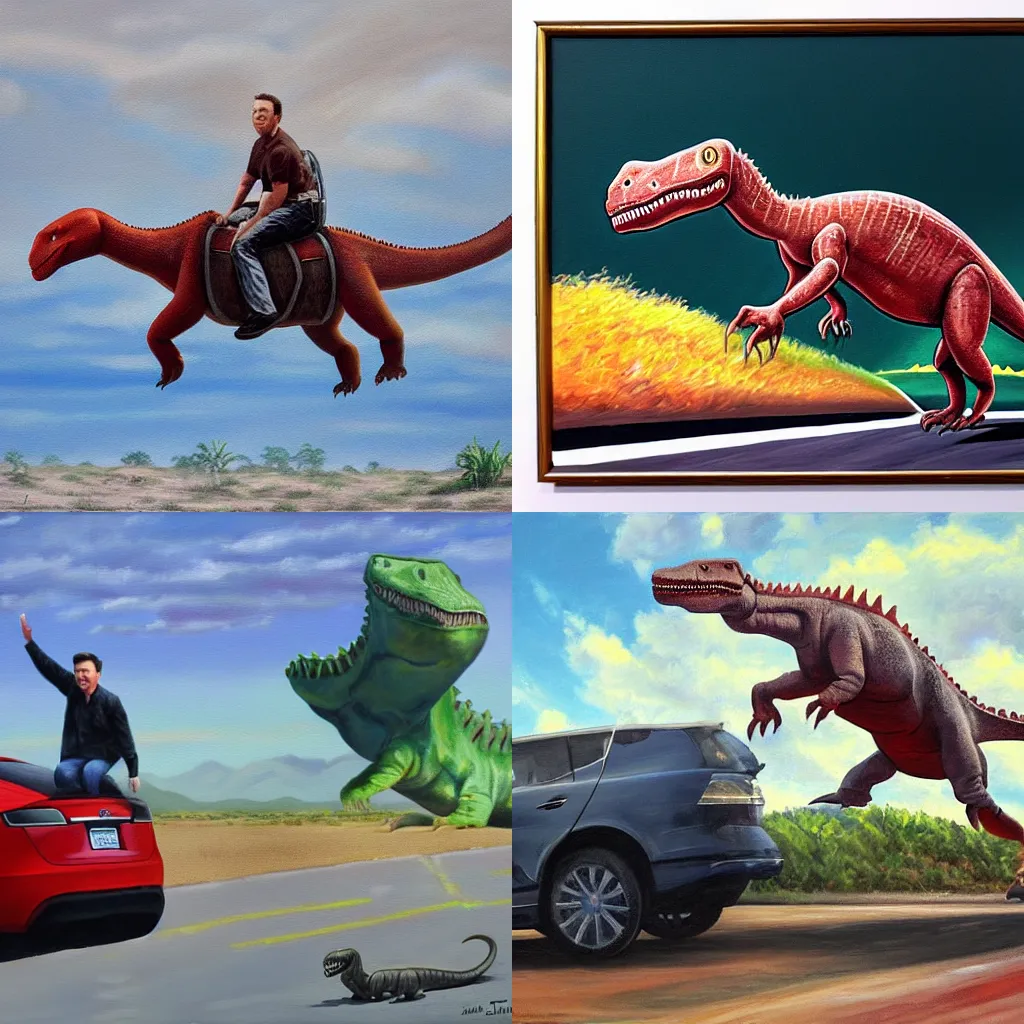 Prompt: oil painting of Elon Musk riding a dinosaur