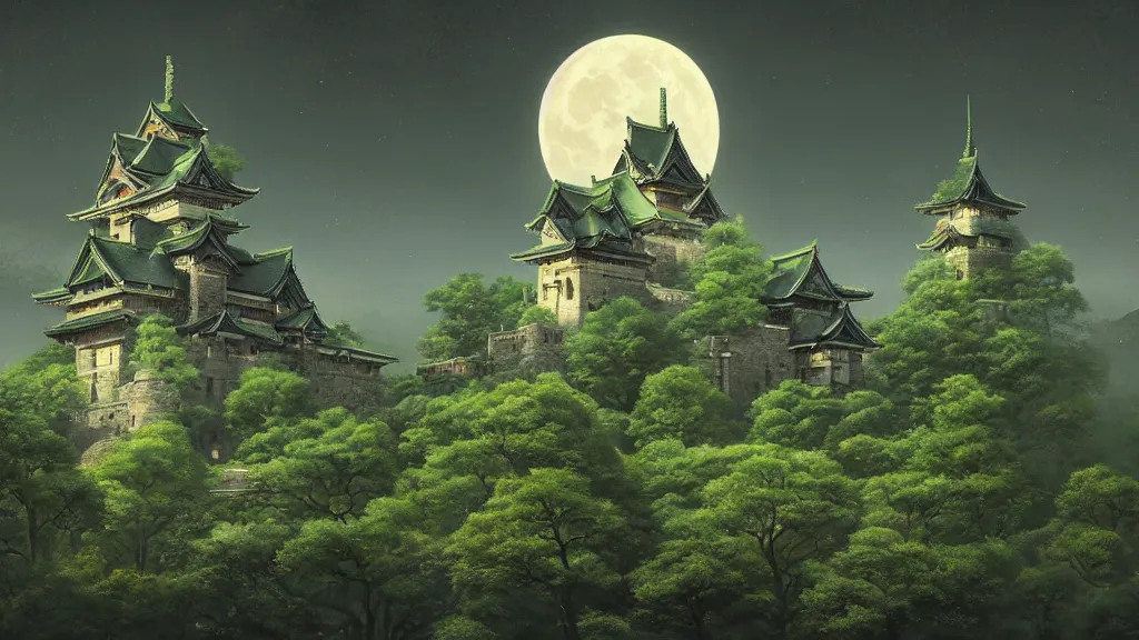 Image similar to beautiful green japanese castle in front of mountainous background with just a few trees, dark sky full moon, whimsical surrealism, 8 k, subsurface scattering, intricate geometry, fantastical setting, otherwordly, by greg rutkowski