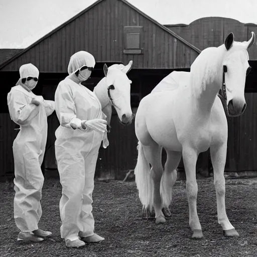 Prompt: horses dressed as nurses performing an operation