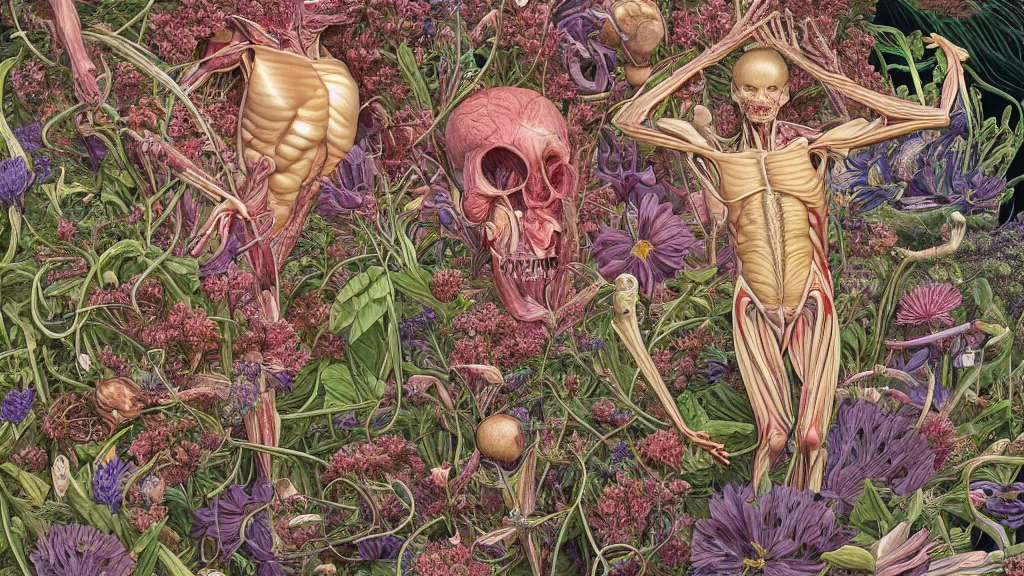 Image similar to highly detailed illustration of a human anatomy body exploded by all the known species of flowers by juan gatti, by moebius!!,, by oliver vernon, by joseph moncada, by damon soule, by manabu ikeda, by kyle hotz, by dan mumford, by kilian eng