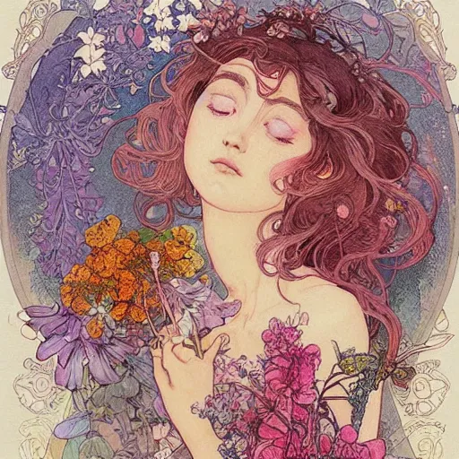 Prompt: a beautiful intricate watercolor illustration of a fairy with flowers, leaves, 4 k, ultra - wide angle, by william turner, by victo ngai, by alphonse mucha, by moebius, by gustave dore, hd, trending on artstation, hyper detailed, muted intense colors