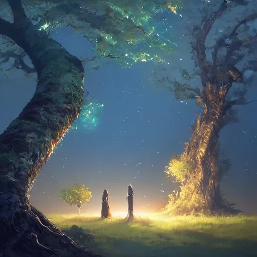 Image similar to lost souls forming new life beneath a glowing blue tree on a gold hill, night sky, digital art by greg rutkowski and makoto shinaki, studio ghibli, trending on artstation
