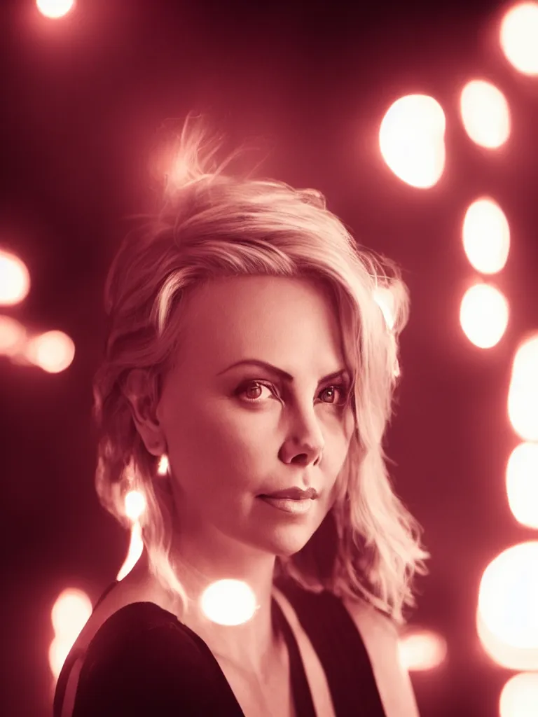 Image similar to photograph of Charlize Theron illuminated by red light , night , 85 mm f1.4