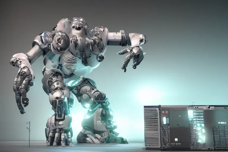 Image similar to parallax datacenter server room single mono colossus white rusty android robosaurus four - armed in artstation cinematic detailed concept art volumetric light sharp coherent cgsociety very very realistic
