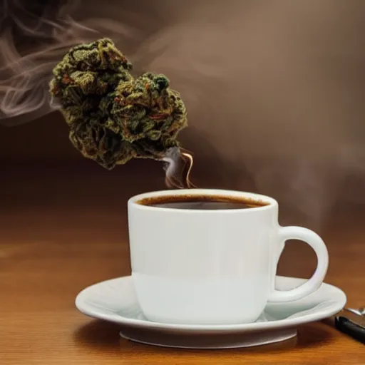 Prompt: a coffee cup with smoke coming from it, on the table it has marijuana blunts