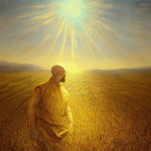 Prompt: walter white as god decending upon a golden field of wheat, trending on artstation, gustave dore, renaissance art, hyper detail, bloom, painting - n 9