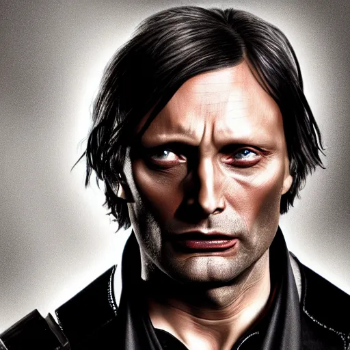 Image similar to mads mikkelsen as a vampire, male, late - 4 0 s aged, shoulder length hair, slicked black hair, red eyes, clean shaven, wearing a cape, regal, royal, grim facial expression, high medieval fantasy, full color digital art, cinematic shot, portrait, wide shot.