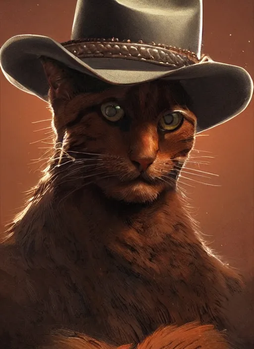 Image similar to highly detailed portrait of brown cat wearing a cowboy hat, determined. red dead redemption art, unreal engine, fantasy art by greg rutkowski