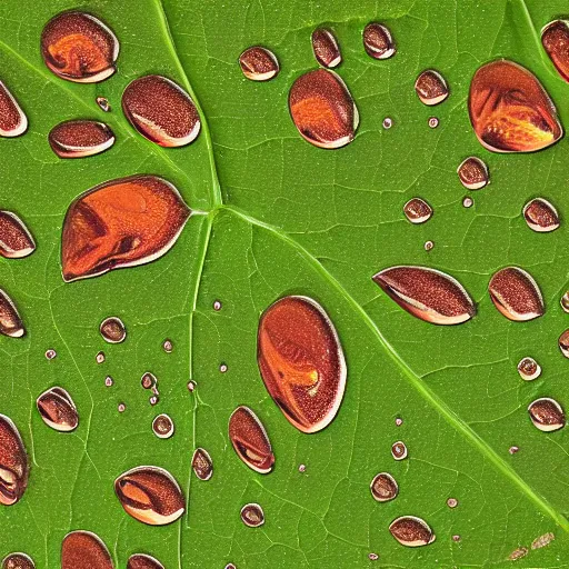 Prompt: Raindrops pooling together on a leaf, digital art