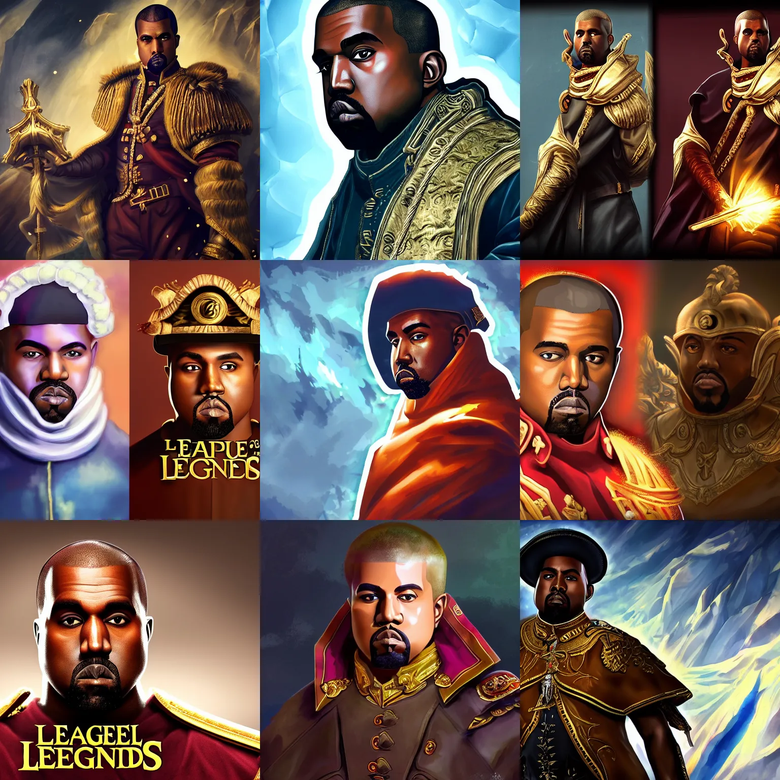 Image similar to Kanye West as emperor napoleon, League of Legends amazing splashscreen artwork, splash art, hd wallpaper, ultra high details, artstation