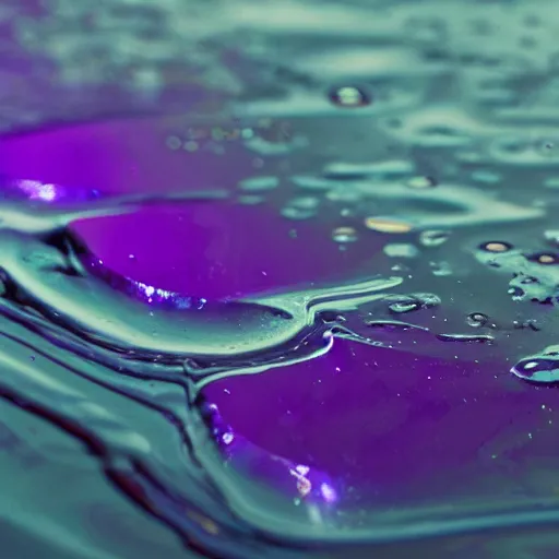 Prompt: Purple rain drops splashing onto an oil slick, hifi