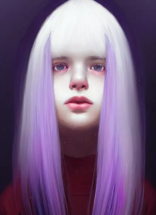 Image similar to hair whitebangs hair, black hair, whitebangs, portrait of teenage girl with white bangs, red irises, purple clothes, white bangs, bangs are different color from hair, intricate, elegant, glowing lights, highly detailed, digital painting, artstation, concept art, smooth, sharp focus, illustration, art by wlop, mars ravelo and greg rutkowski