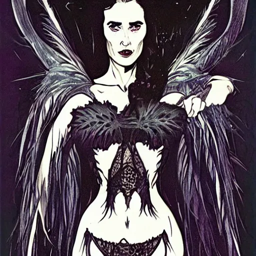 Image similar to jennifer connelly as gothic dark fae disney villain with black feathers instead of hair, feathers growing out of skin, space station, zero gravity, pulp sci fi, mike mignola, comic book cover, vivid, beautiful, illustration, highly detailed