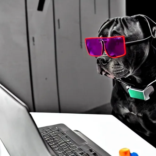 Prompt: an edgy pitbull being a hacker, hacking into the mainframe, wearing sunglasses and a dark coat in a dark room