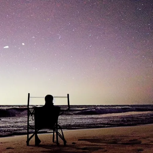 Prompt: man on beach siting in a chair watching the sky as a comet is heading towards earth