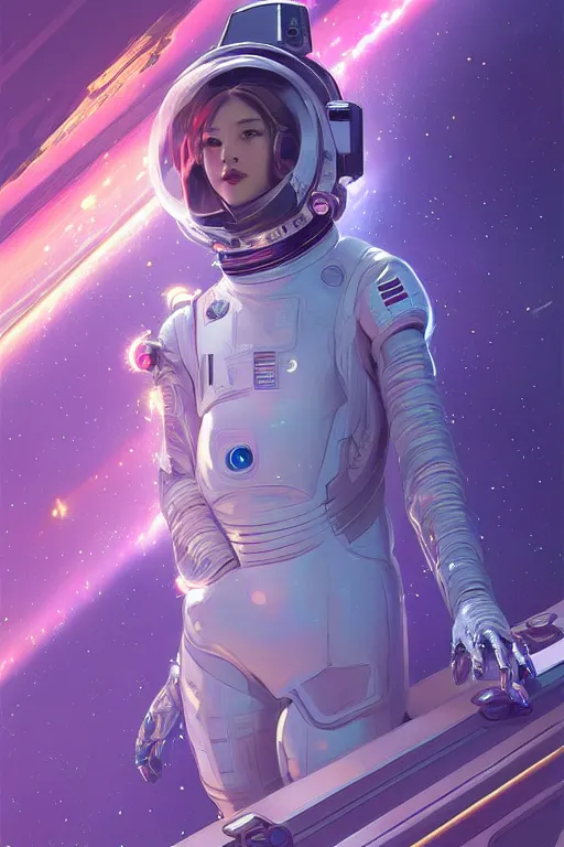 Image similar to portrait armored astronaut girl, floating on spaceship command room viewing galaxy, ssci-fi neon light and fantasy, intricate and very very beautiful and elegant, highly detailed, digital painting, artstation, concept art, smooth and sharp focus, illustration, art by tian zi and WLOP and alphonse mucha