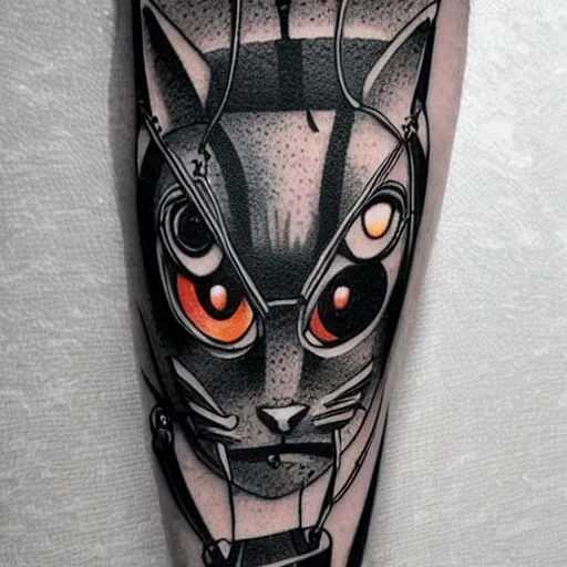 Image similar to Anime manga robot!! cat tattoo, cyborg cat, exposed wires and gears, fully robotic!! cat, manga!! in the style of Junji Ito, Hayao Miyazaki and Naoko Takeuchi, cute!! chibi!!! cat, tattoo on upper arm, arm tattoo