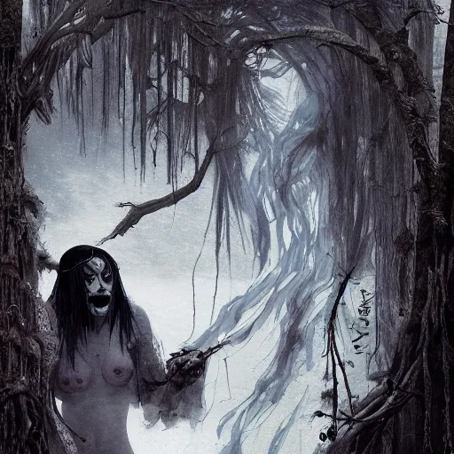 Image similar to black smoke creepy yuki - onna, 8 k resolution, horror creepy predator, trending on artstation, james gurney, ferdinand knab,