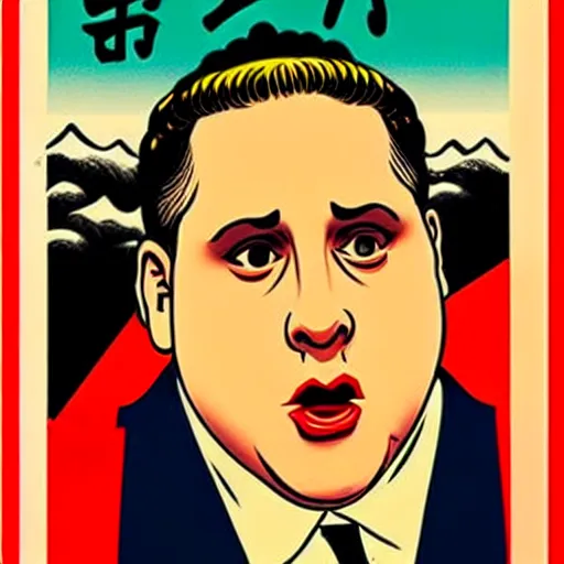 Image similar to how will we capture famous actor jonah hill? he is is causing trouble in this region. How do we stop him? NO JONAH HILLS ALLOWED. JONAH HILL is the subject of this ukiyo-e hellfire eternal damnation catholic strict propaganda poster rules religious. WE RULE WITH AN IRON FIST. mussolini. Dictatorship. Fear. 1940s propaganda poster. 1950s propaganda poster. 1960s propaganda poster. WAR WAR WAR, ANTI JONAH HILL. 🚫 🚫 JONAH HILL. POPE. art by joe mugnaini. art by dmitry moor. Art by Alfred Leete.