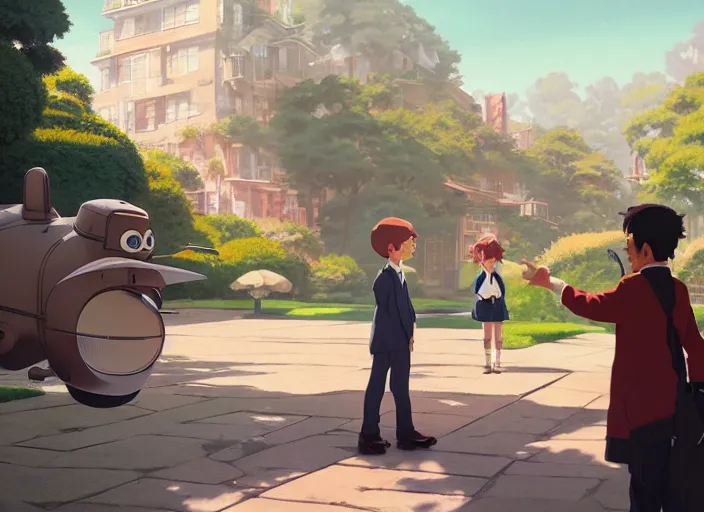 Image similar to mr winston welcoming his new guests, medium shot, studio ghibli, pixar and disney animation, sharp, rendered in unreal engine 5, anime key art by greg rutkowski, bloom, dramatic lighting