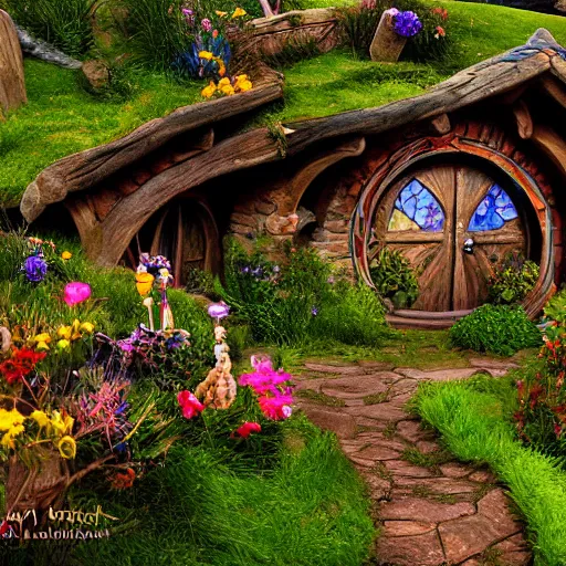 Prompt: hobbiton landscape with abnoxious jewels all around, fantasy, rock, high detail