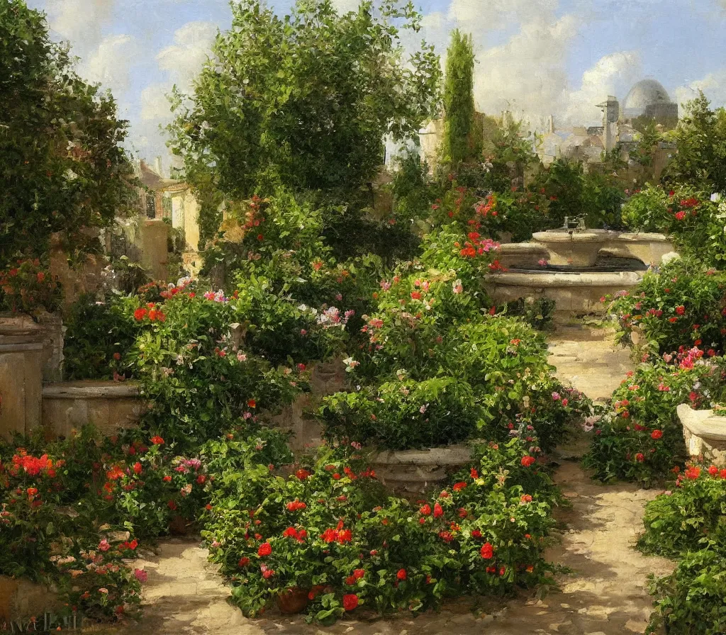 Image similar to Small garden with hedges, center fountain. Paving stones. Vegetable garden, some flowers. history painting, artificial sun light, peaceful tiny walled garden, artstation, oil on canvas, by Albert Aublet, Private Collection