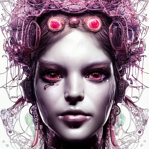 Image similar to the portrait of an absurdly beautiful, graceful, elegant, sophisticated, fashionable cyberpunk gravure idol, an ultrafine hyperdetailed illustration by kim jung gi, irakli nadar, vania zouravliov, intricate linework, bright colors, porcelain skin, unreal engine 5 highly rendered, global illumination, radiant light, detailed and intricate environment