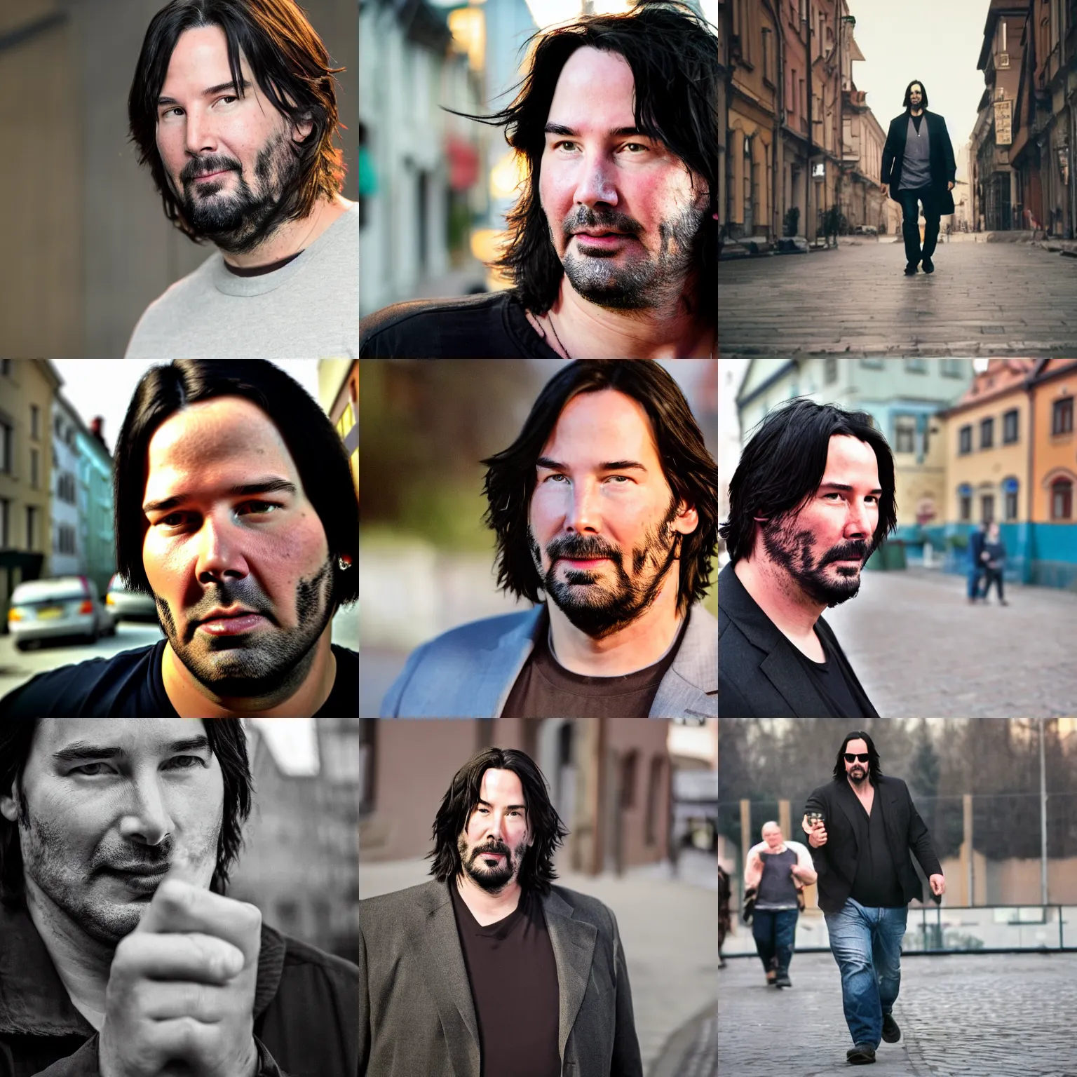 Prompt: fat obese keanu reeves medium portrait, trip to legnica, documentary still, bokeh, natural