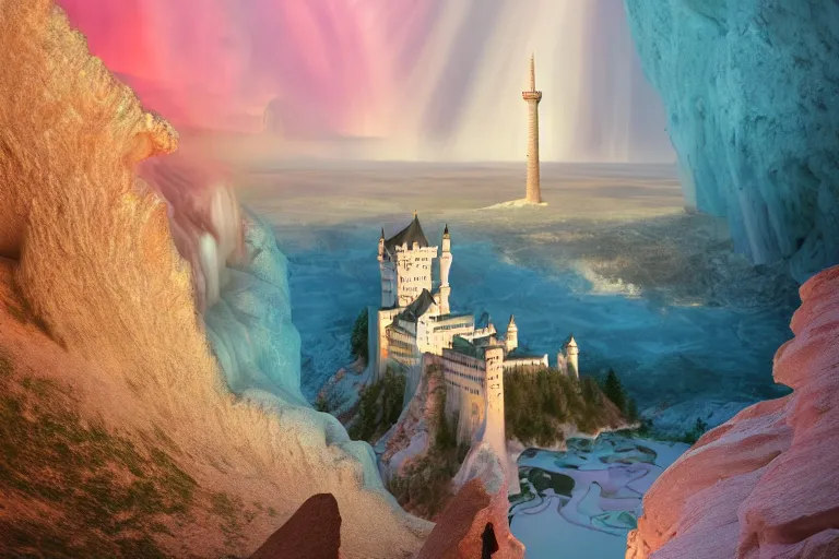 Prompt: neuschwanstein castle on pamukkale thermal waters flowing down gold travertine terraces in royal blue antelope canyon during sakura season on an interstellar aurora borealis with heavy thunder and lightning, pink and pink waterfalls, by peter mohrbacher, james jean, james gilleard, greg rutkowski, vincent di fate, rule of thirds, octane render, beautiful landscape