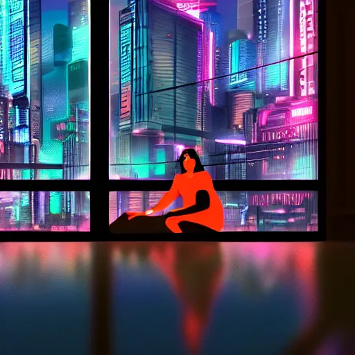 Prompt: a woman sitting in front of a large window, cyberpunk neon city in the background, digital art,