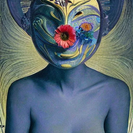 Image similar to a masterpiece painting of a facemask made of stylized flowers, by annie swynnerton and jean delville and tino rodriguez and john watkiss, flower mask, art deco shaman, art brut, symbolist, dramatic cinematic lighting, god rays, iridescent beetles, clean crisp graphics, smooth sharp focus, extremely detailed