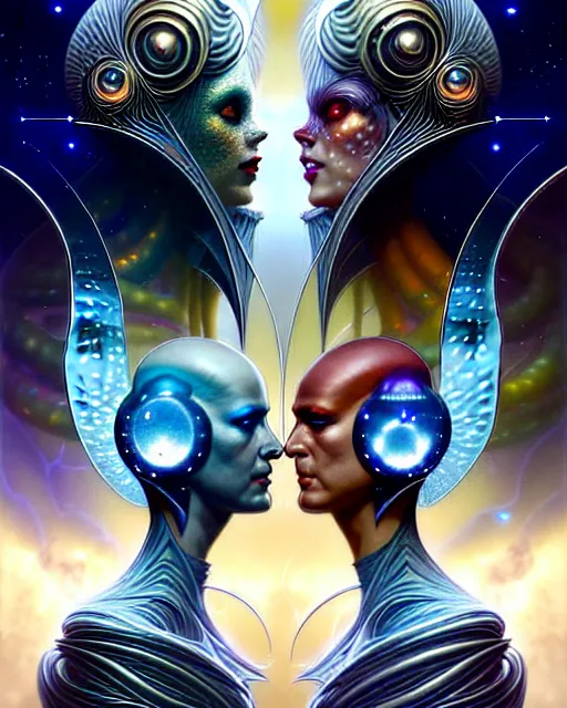 Prompt: a portrait of gemini light and dark fantasy character portrait made of fractals facing each other, ultra realistic, wide angle, intricate details, the fifth element artifacts, highly detailed by peter mohrbacher, hajime sorayama, wayne barlowe, boris vallejo, aaron horkey, gaston bussiere, craig mullins