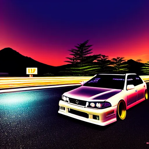 Image similar to a car drift spec JZX100 in middle of road, gunma prefecture, city sunset night, cinematic color, photorealistic, highly detailed