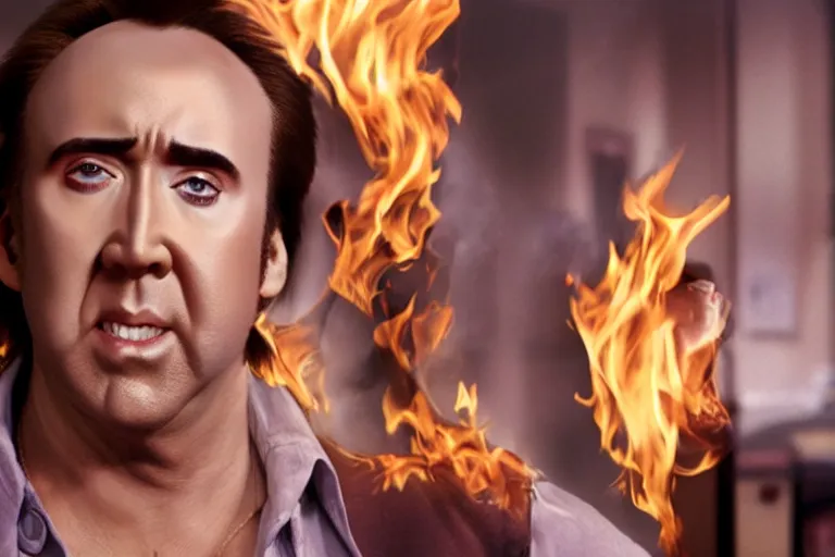 Image similar to Nicolas cage in barbie grilling high resolution still film