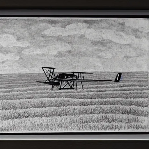 Image similar to a biplane flying low over a wheat field, by eric ravilious