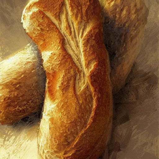 Prompt: beautifully toasted loaf of bread, ultradetailed, crispy, art by craig mullins