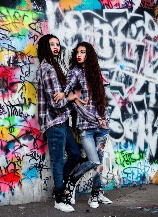 Prompt: a 'grunge' fashion shoot with models in plaid and ripped jeans posing in front of a graffiti-covered wall