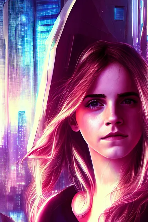 Image similar to Emma Watson, head and shoulders portrait, the background is a huge futuristic city, cyberpunk style futuristic neon lights, artstation cgsociety masterpiece highly-detailed