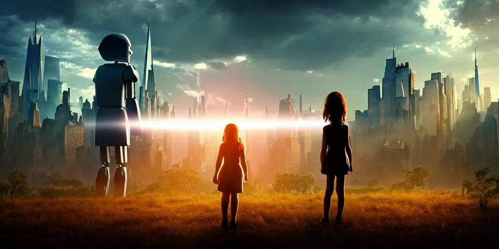 Image similar to sci - fi scene future new york cityscape, orphaned girl in manhattan holding the outstretched hand of an iron giant robot, forest punk, crepuscular rays, epic scene, hyper realistic, photo realistic, overgrowth, cinematic atmosphere, ethereal lighting,