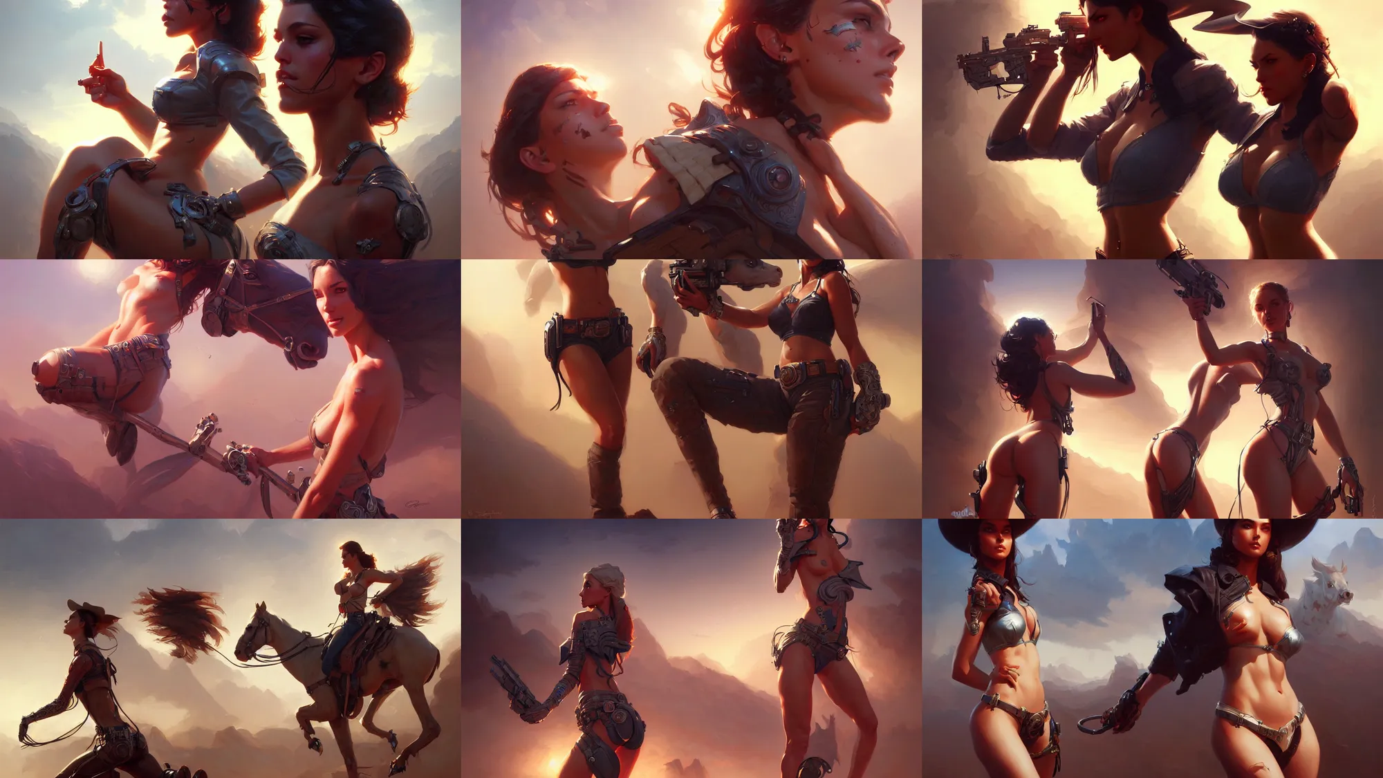 Image similar to cowboy dream, sci - fi, stunning, intricate, seductive confident pose. highly detailed, digital painting. artstation. smooth. sharp focus. illustration. art by artgerm and greg rutkowski