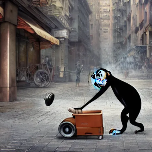 Prompt: a chimpanzee picking up pennies in a city street with a steam roller headed towards him, depth of field, fashion photoshoot by nicoletta ceccoli, mark ryden, lostfish, dan decarlo, bob clampett, max fleischer, breathtaking, detailed and intricate environment, 8 k resolution, hyperrealistic, octane render