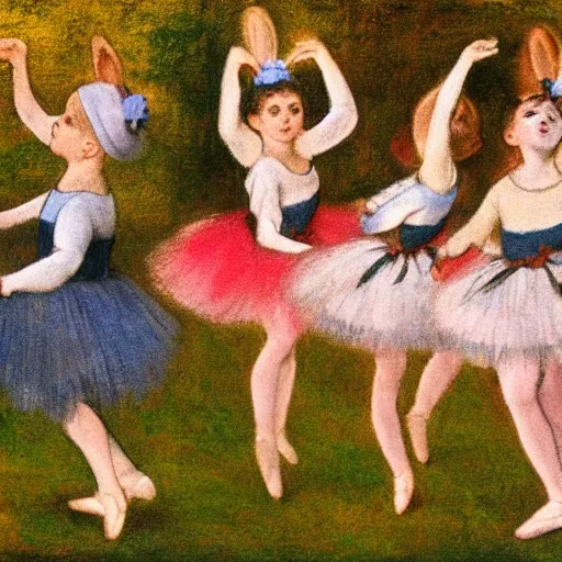 Prompt: rabbits dancing ballet on stage in the style of degas