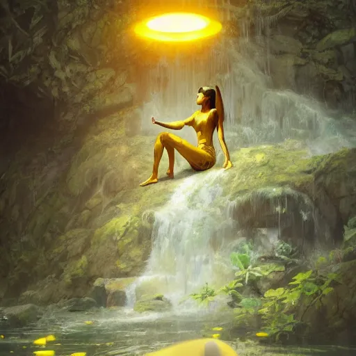Image similar to a sage meditates under a waterfall pieces with glowing yelow eyes, as a realistic, torso, art by james jean and greg rutkowski!!, real body proportions, digital art,, golden ratio, perfect composition, trending on artstation, 8 k