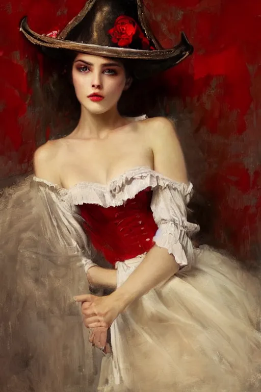 Image similar to Solomon Joseph Solomon and Richard Schmid and Jeremy Lipking victorian genre painting full length portrait painting of a young beautiful woman traditional german french fashion model pirate wench in fantasy costume, red background