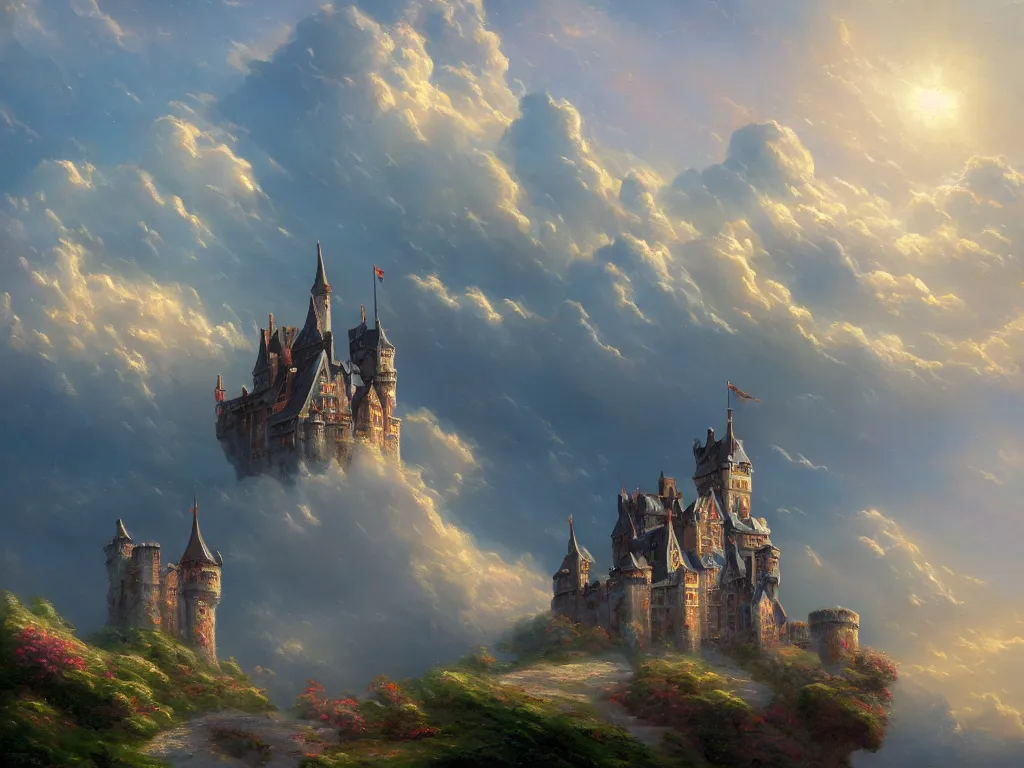 Prompt: a beautiful painting of a castle on the clouds in the skies, by greg rutkowsky and thomas kinkade. trending on artstation