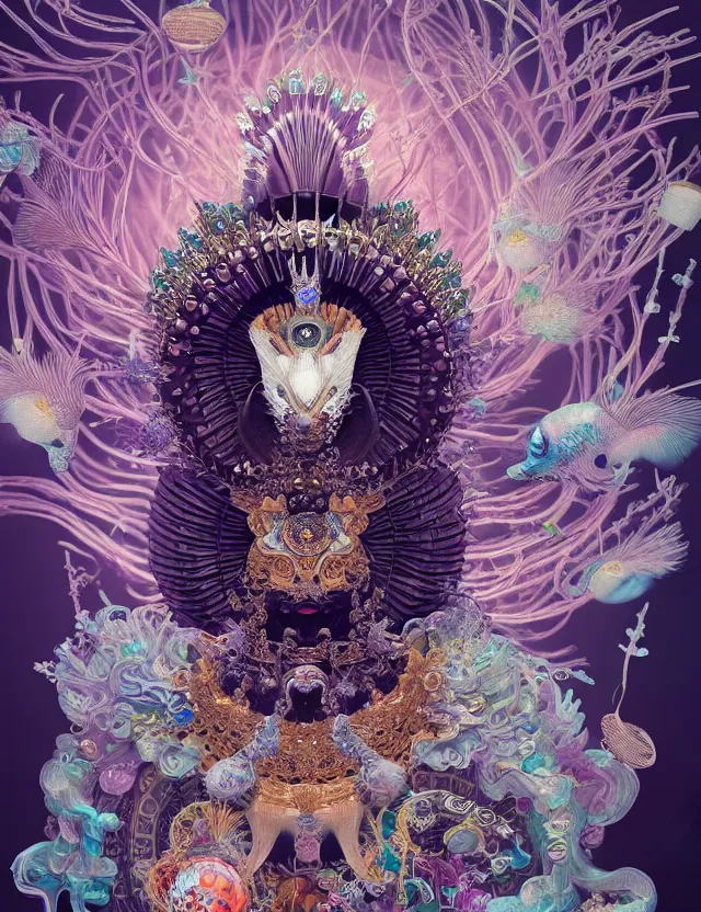 Prompt: goddess macro close - up portrait with crown, ram skull. beautiful intricately detailed japanese crow kitsune mask and clasical japanese kimono. betta fish, jellyfish phoenix, bioluminescent, plasma, ice, water, wind, creature, artwork by tooth wu and wlop and beeple and greg rutkowski