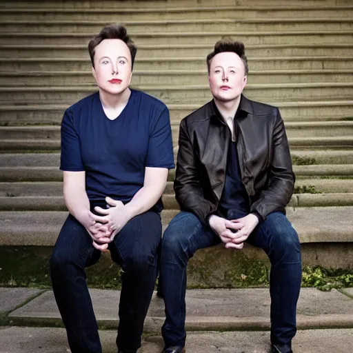 Prompt: A portrait Elon Musk teams up with a teenage Elon Musk, perfect faces, 50 mm, award winning photography