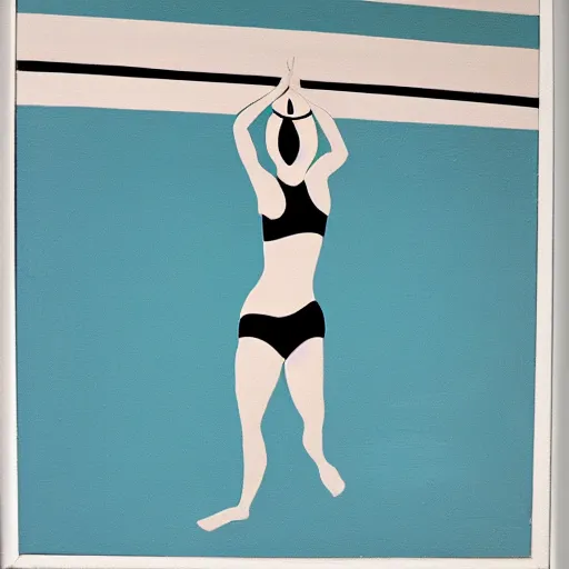 Image similar to acrylic painting on wood of a woman wearing a swimming cap diving from a high diving board into a pool. the pool is out of frame. teal, white, black and grayscale. simple. flat. vintage, mid - century modern. mid - drive, in the air, fully body, anatomically correct