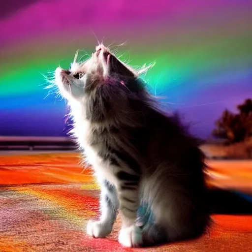 Image similar to of a very proud fluffy rainbow kitten howling at moon with a glowing rainbow aura